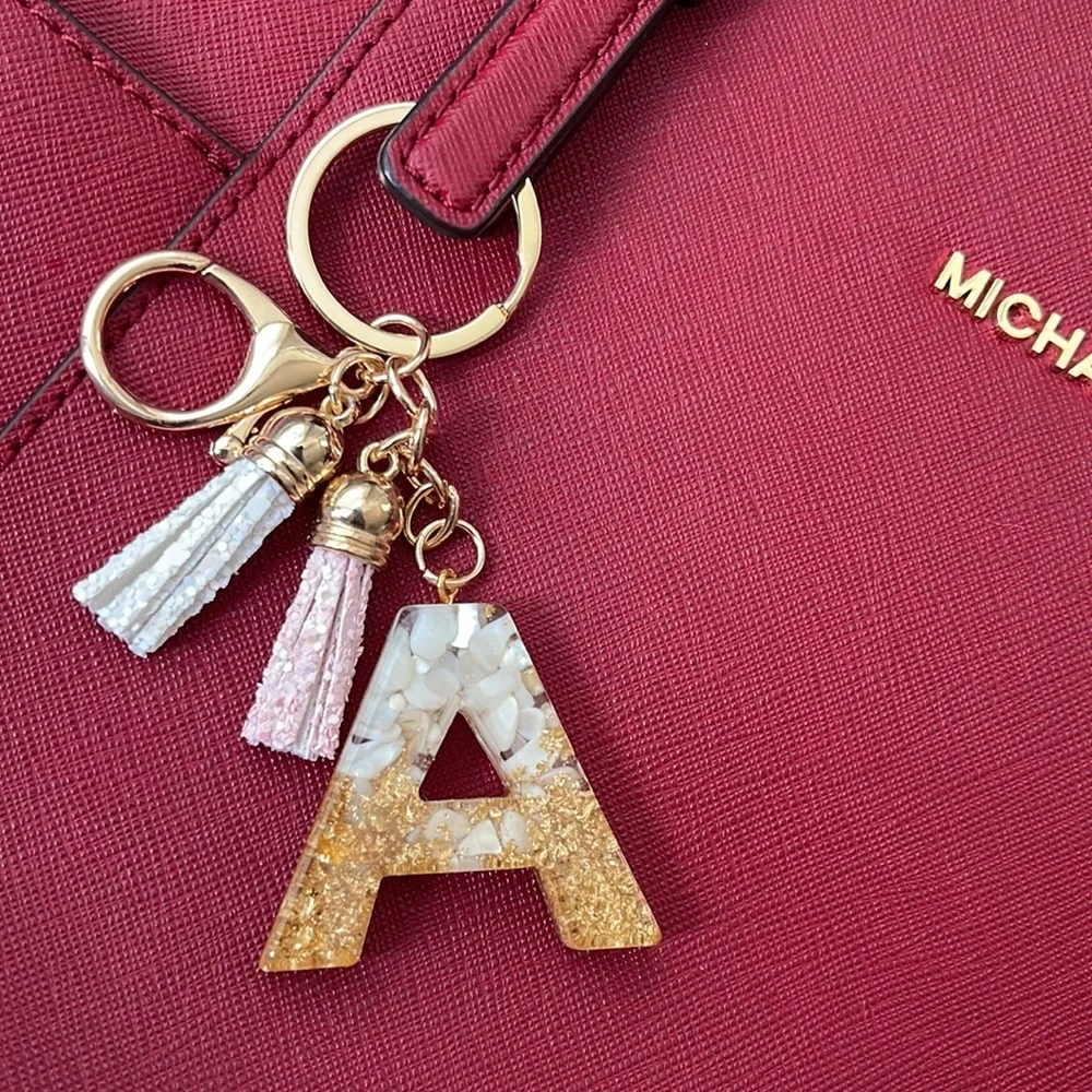🆕 Letter A Keychain Charm Gold Glitter Pendant Tassel Key Ring for Handbags